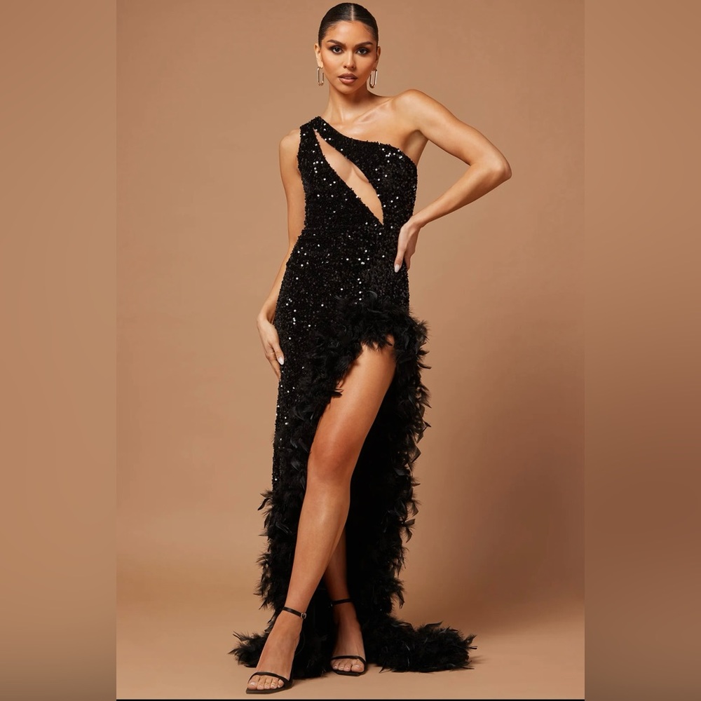 Black One-Shoulder Sequin Maxi Dress with Feather Trim